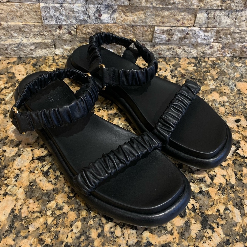 Khaite Puglia Black Scrunched Leather Ankle Strap Sandals